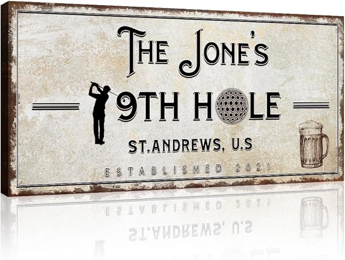 TAILORED CANVASES Golf Art Decor - Personalized Vintage Golf Wall Art Sign for Man Cave, Bedroom, Basement, Home Bar and Custom Gift for Husband, Dad, Wedding & Anniversary - 19th Hole Sign, 20"x10"
