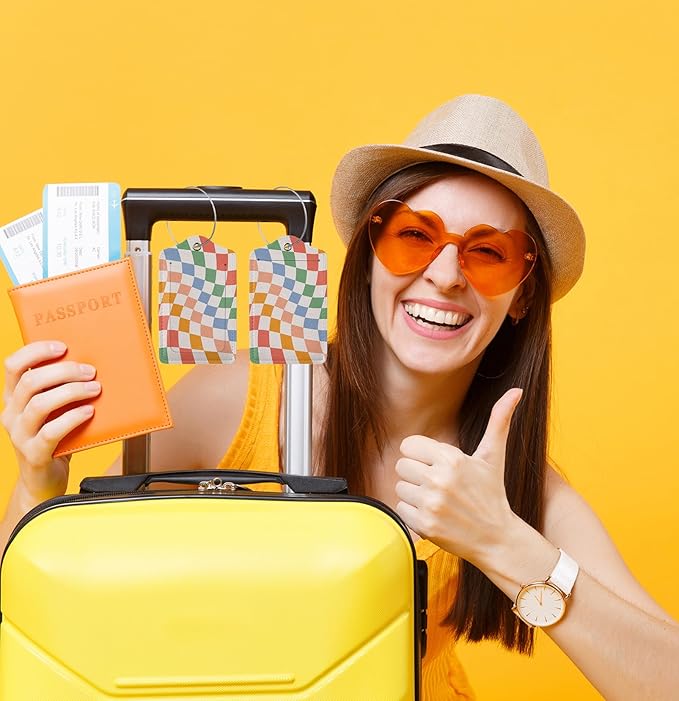 TSA Approved Luggage Tags for Suitcases 2 Pack Colorful Retro Wavy Funny Leather Carnival Cruise Airport Cute Travel Name Tags Golf Bag tag Ships Essentials Privacy Cover ID Label for Women Men