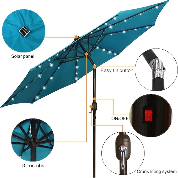 9 ft Solar Umbrella 32 LED Lighted Patio Umbrella Table Market Umbrella - Image 3