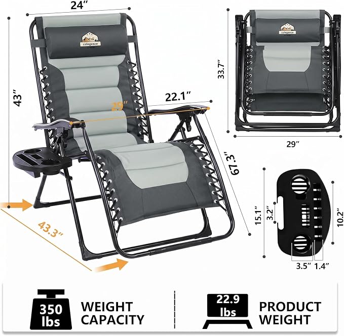 Colegence Oversized Padded Zero Gravity Chairs, 0-170° lock, removable side - Image 3