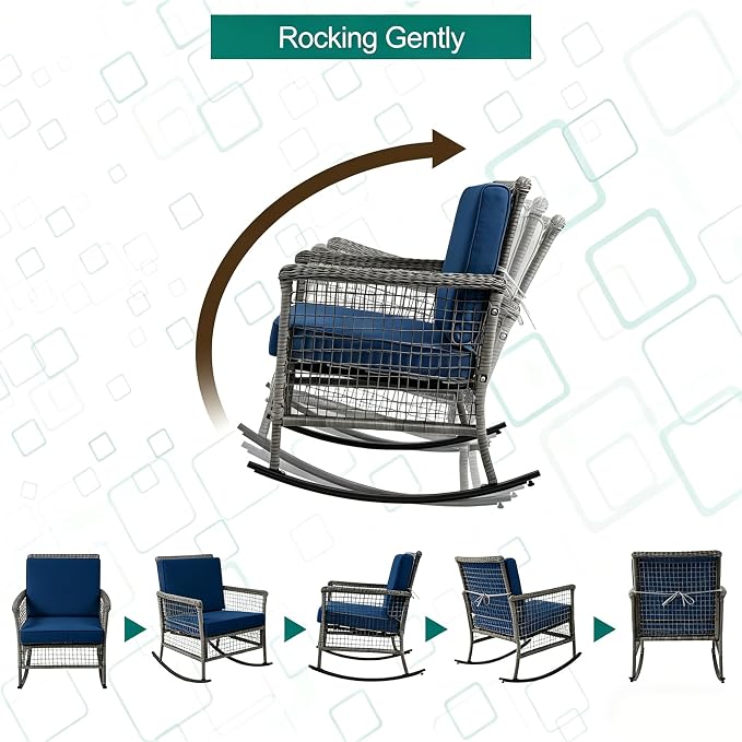 DECMICO 3-Piece Wicker Rocking Chair Set, Outdoor Patio Furniture | Navy - Image 5