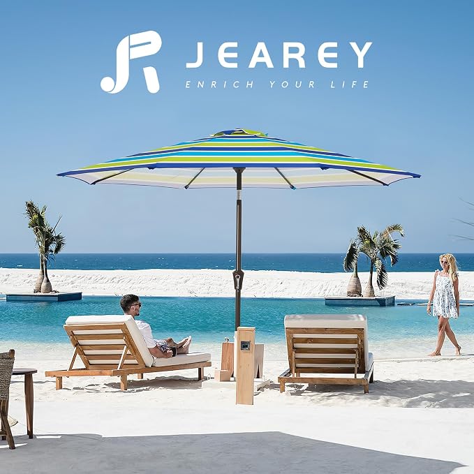 JEAREY 9FT Outdoor Patio Umbrella, Bold Blue & Green Stripe | Outdoor Table - Image 6