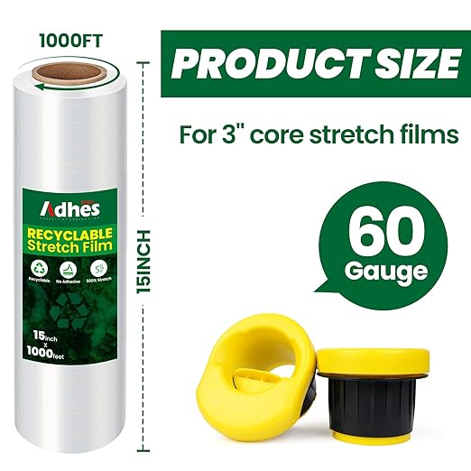 Adhes Recyclable Stretch Wrap Film with Handle, 15 Inch x 1000 Feet, Heavy Duty Plastic Pallet Wrap for Furniture Moving, Luggage Packing, Pallet Wrap, Eco-Friendly, Tear Resistant