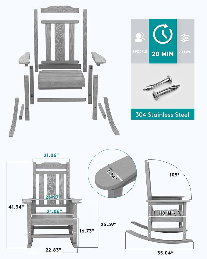 SERWALL Oversized Outdoor Rocking Chairs Set of 4, Patio Rocker, Space Gray | - Image 3