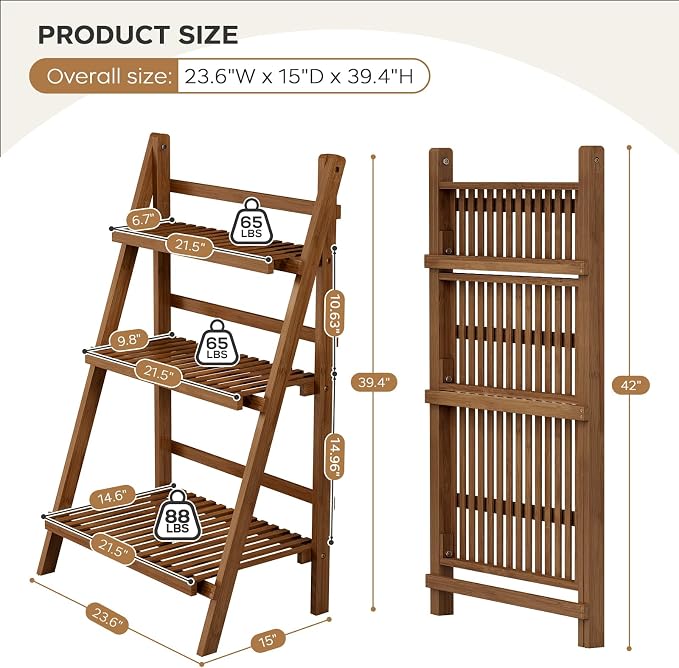 39.4" Bamboo Ladder Shelf Plant Shelf, 3 Tier Foldable Ladder Flower Pot - Image 4