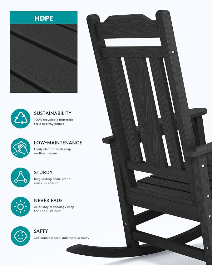 SERWALL Oversized Outdoor Rocking Chair, HDPE Patio Rocking Chair, All Weather - Image 5