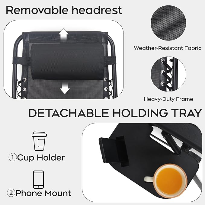 Set of 2 Adjustable Zero Gravity Lounge Chairs Outdoor Recliner w/Cup Holder - Image 6