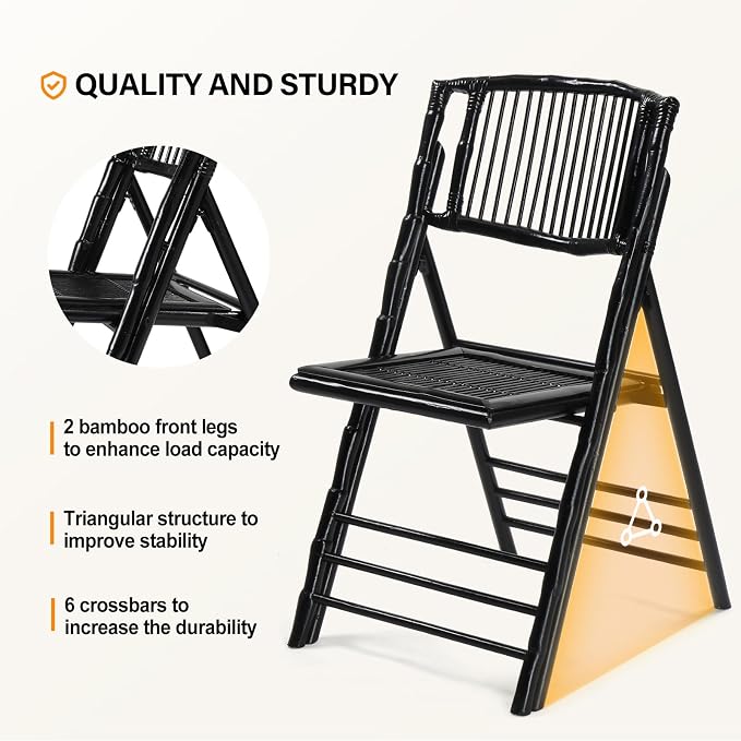 VINGLI Bamboo Folding Chair, Foldable Dining Wood Chairs Comfortable Seat - Image 3
