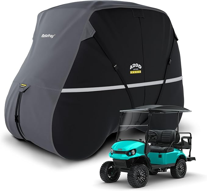 Rosefray Golf Cart Cover – Heavy-Duty 420D Oxford Fabric, Waterproof & Windproof Design – Fits Club Car, EZGO, Yamaha 4/4+2 Passenger Carts Black/Gray