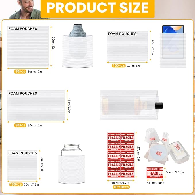 400PCS Moving Packaging Supplies,300 Cushioning Foam Pouches,4 Sizes (12x12",12x7.8",12x6",7.8x7.8") with 100 Fragile Stickers,Cushion Foam Wrap Pouches for Protect Dishes Cup Glasses Storage