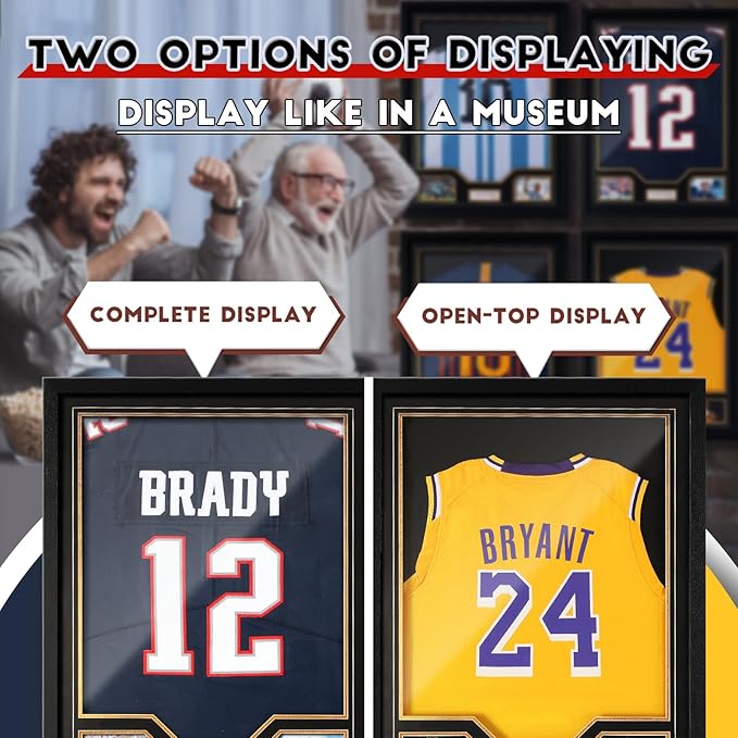 JupDec Jersey Frame Display Case, Large Clear Acrylic Shadow Box with UV Protection for Baseball Basketball Football Soccer Hockey shirts, Wall Mount Wooden Showcase, Idea Gift for Sports fans, 1 pack