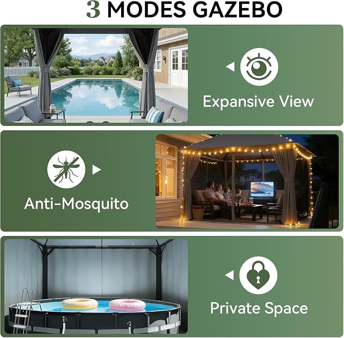 Aoxun 10x10FT Outdoor Gazebo w/Light, Dark Gray | UPF50+ Protection 50×50mm - Image 4