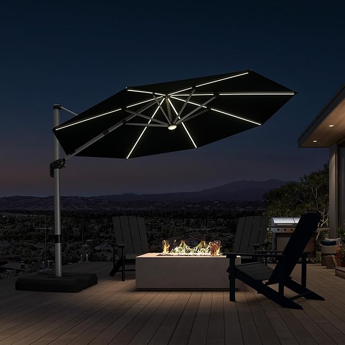 PURPLE LEAF Cantilever Patio Umbrella 11ft Round Solar LED Light, Stays bright by PURPLELEAF