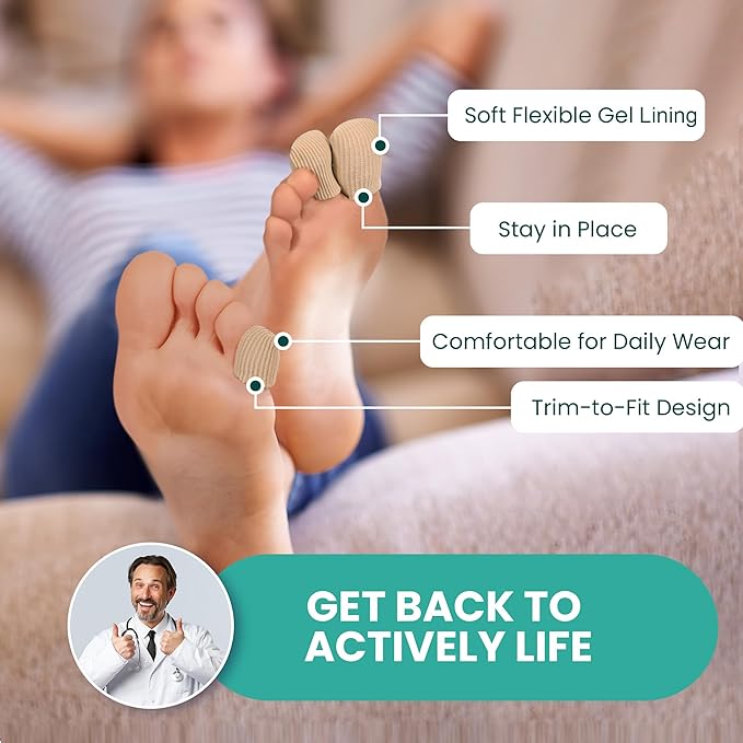 Welnove Toe Caps and Protectors - 16 Pack Aloe Vera Extract Infused Silicone Toe Sleeve - Fabric Toe Covers with Gel Lining - Toe Cushions for Pain Relief, Corns, Blisters & Ingrown Toenails