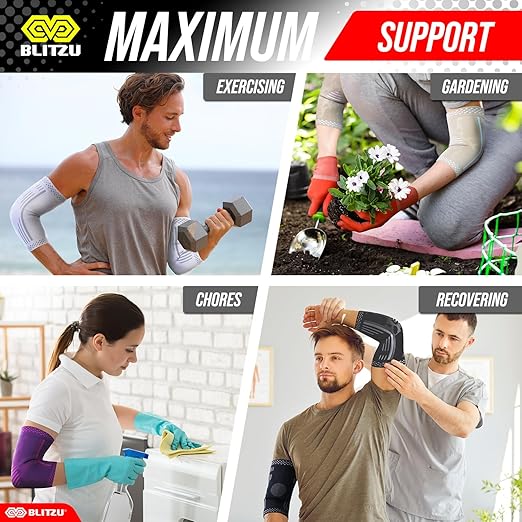 BLITZU Elbow Compression Sleeve for Tendonitis 2 Pack, Tennis Elbow Brace Support for Men and Women Golfers Elbow Pain Relief, Arthritis, Bursitis, Arm Brace for Workout, Weightlifting White XL