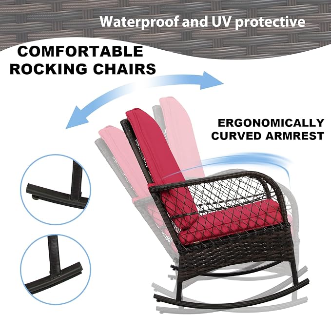 3 pcs Rocking Bistro Set Conversation Chairs PE Wicker Outdoor Rocking Chairs & - Image 4