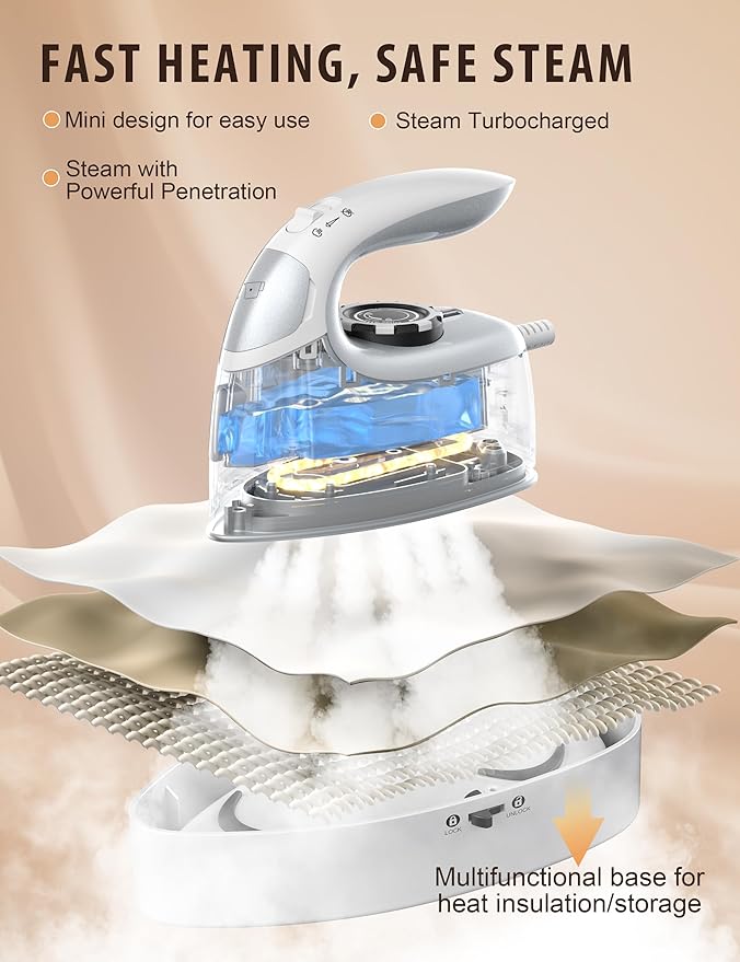 Sundu Small Iron for Clothes with Steam,Travel Iron Portable Non-Stick Soleplate Steamer for Quilting & Sewing,300 Microsteam Holes,90ml Water Tank,Lockable Safety Base-Silver