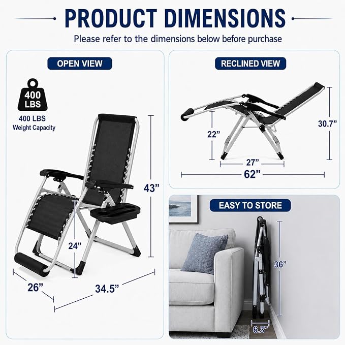 Yaheetech 26" Zero Gravity Chair Adjustable, - Image 2
