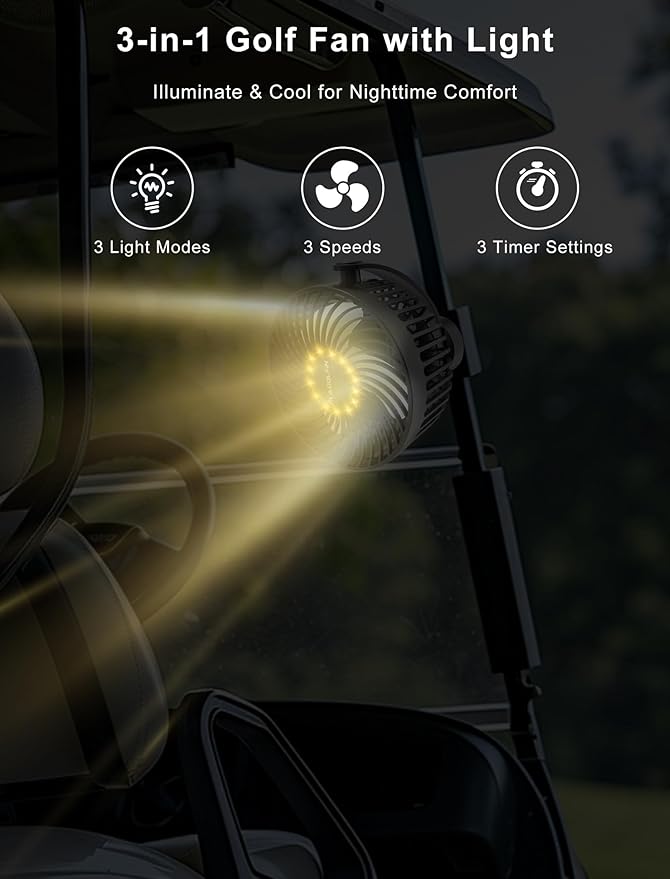 2-Pack Magnetic Golf Cart Fan Rechargeable, 12000mAH Battery Operated Portable Fan with 3 Speeds, LED Lantern, Magnetic Base, Suitable for EZGO Club Car Yamaha, Golf Cart & Cruise Ship Accessories
