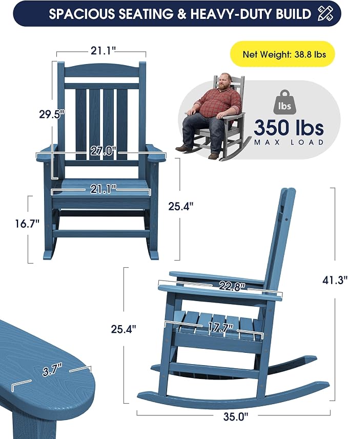 Oversized Outdoor Rocking Chair, Porch Rockers, Unique Blue | - Image 3