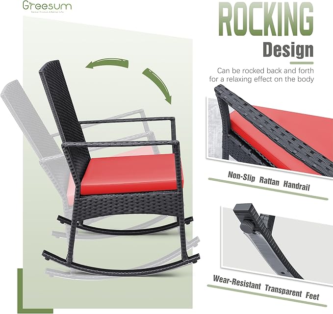 Greesum 3 Pieces Patio Furniture Set Outdoor Wicker Rocking Chairs - Image 4