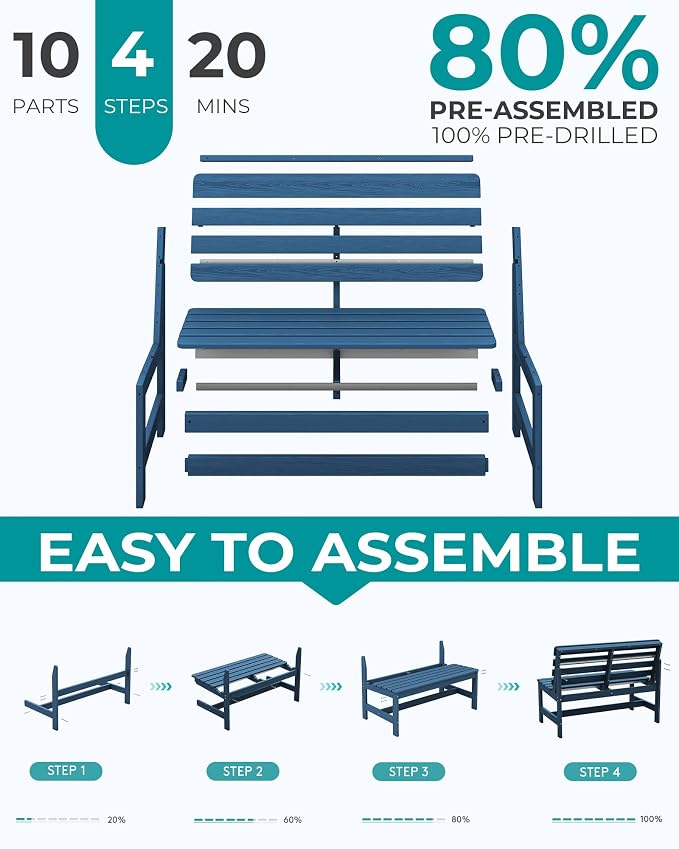 SERWALL Armless Outdoor Bench, All Weather HDPE Porch Bench, 1 Pack, Suitable - Image 8