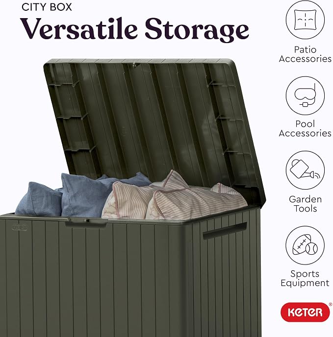 Keter City 30 Gal Outdoor Storage Box and Patio Side Table | Taupe, Weatherproof - Image 5