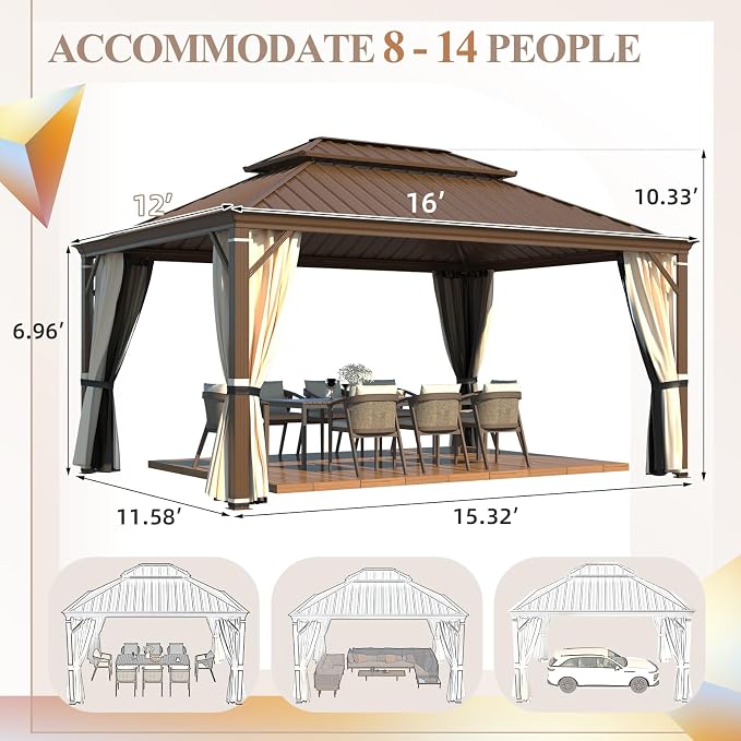 12'x16' Hardtop Gazebo, Wood Grain Aluminum Frame Outdoor Gazebo - Image 3