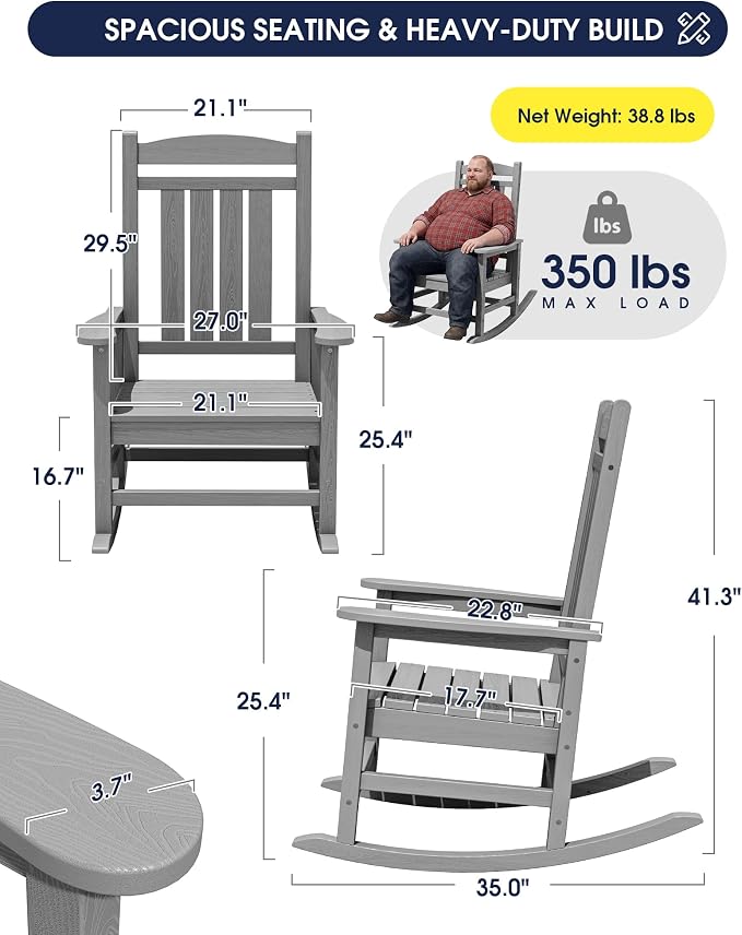 Oversized Outdoor Rocking Chair Set of 2, Porch Rockers, Light Gray | - Image 3