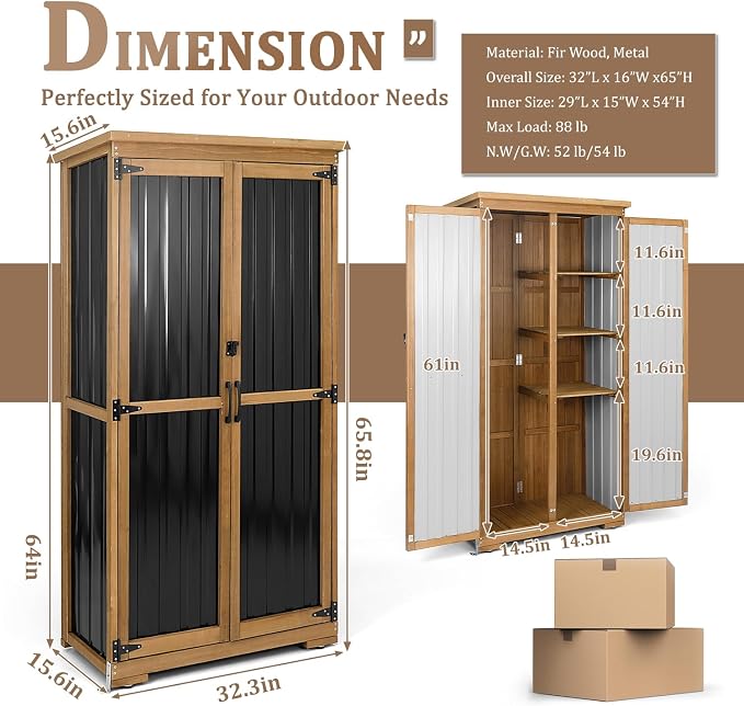 Outdoor Storage Cabinet Weatherproof, Wood & Metal Shed - Image 2
