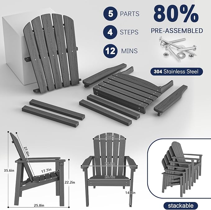 Stackable Adirondack Chairs, Compact All Weather HDPE, All-Weather - Image 5