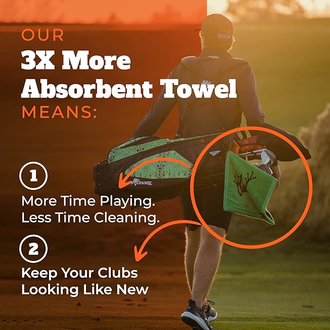Frogger Amphibian 2-in-1 Golf Towel with Wet and Dry Technology, Black/Grey, Premium Golf Bag Accessory with Carabiner Clip, Ultra Absorbent, for Golf Dads