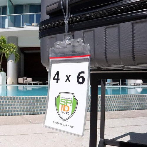 2 Pack - Extra Large Luggage Tags - Clear 4x6 Heavy Duty Cruise Ship I'd Tag/Golf Bag Travel Document Holder w 9" Plastic Loop - Waterproof Immunization Card Zip Pouch for Backpack by Specialist ID
