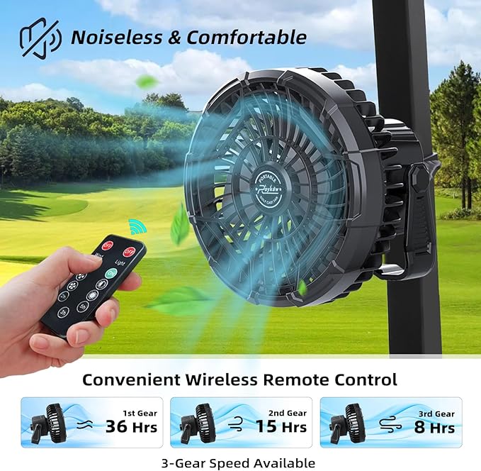 Roykaw Golf Cart Portable Rechargeable Fan Compatible with EZGO Club Car Yamaha, 10400mAh Battery Operated, 3-Gear Speed/LED Lantern, Cordless Fan with Remote/Handle/Hang Hook, USB & Type C Port