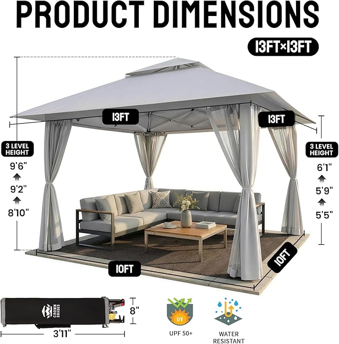 CROWN SHADES 13x13 Pop Up Gazebo, Outdoor Canopy Tent, Outdoor Gazebo - Image 6