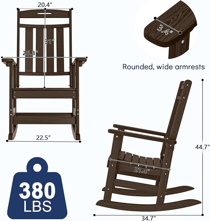 Oversized HDPE Outdoor Rocking Chair Set of 2, All-Weather, Coffee | Heavy Duty - Image 2