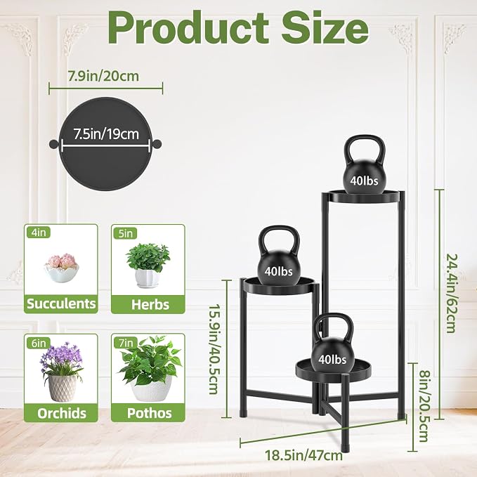 iDavosic.ly Plant Stand Indoor Outdoor, 3 Tier Metal Corner Shelf, Folding - Image 3