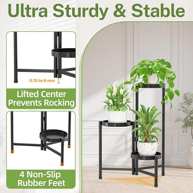 iDavosic.ly Plant Stand Indoor Outdoor, 3 Tier Metal Corner Shelf, Folding - Image 5