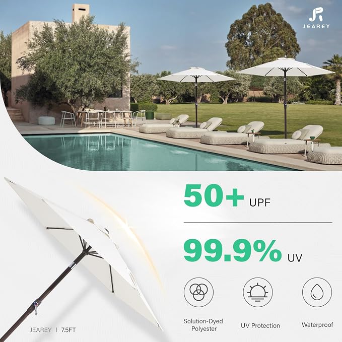 JEAREY 7.5 ft Outdoor Patio Umbrella, Table Umbrella, Cream White | 6 Sturdy - Image 3