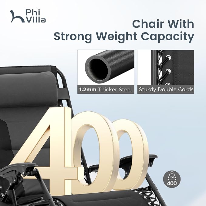 PHI VILLA Padded Zero Gravity Chair Set of 2, Cup Holder, 28in Seat, Supports - Image 4