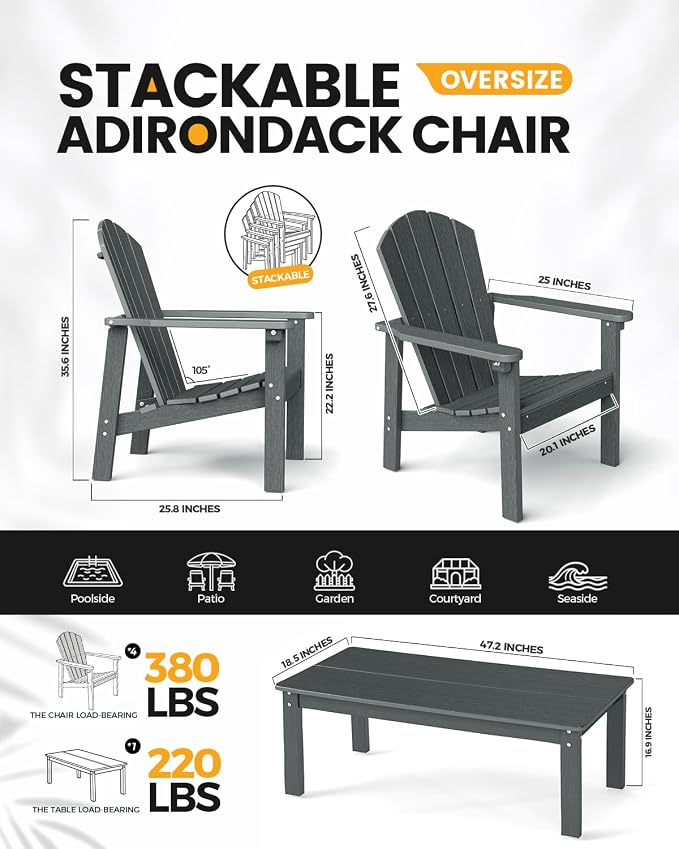 Stackable Set, 2 Chairs with 47in Table, All-Weather HDPE, 380 lbs Each+47.2in - Image 3