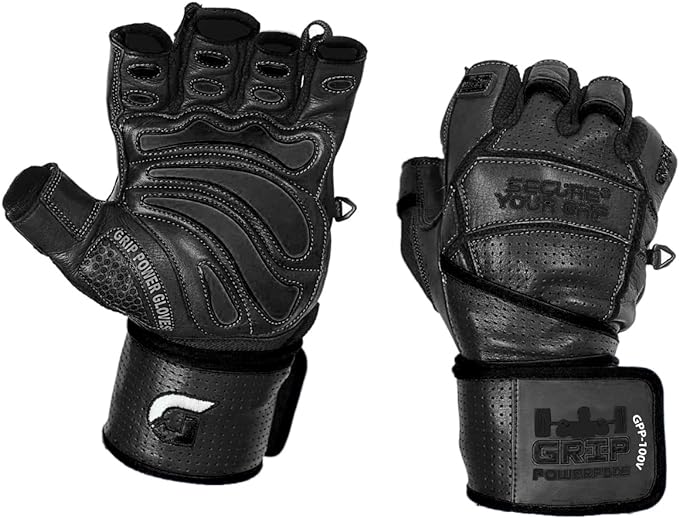 Elite Leather Gym Gloves with Built in 2" Wide Wrist Wraps Grip & Design for Weightlifting Power Lifting Bodybuilding & Strength Training Workout Exercises
