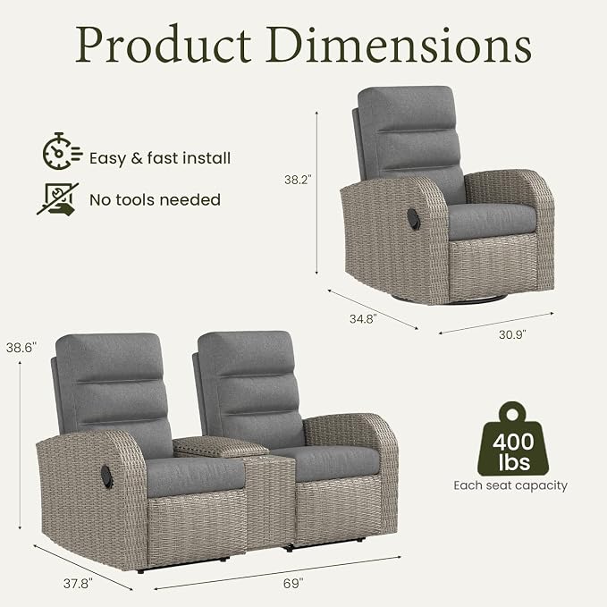 Oversized 3 Pieces Wicker Outdoor Recliner Loveseat - Image 2