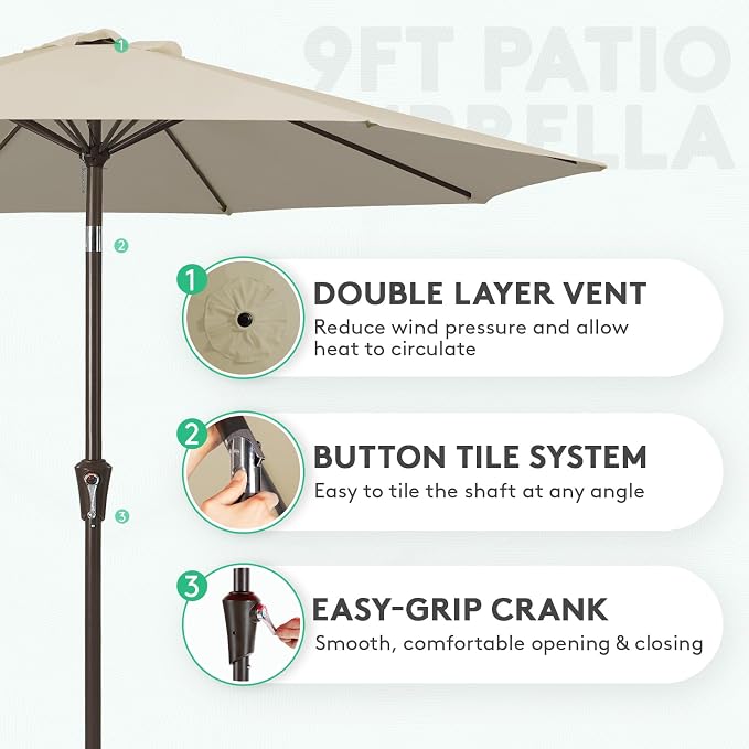JEAREY 9FT Outdoor Patio Umbrella, Market Umbrella, Tan | Outdoor Table - Image 3