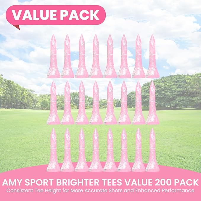 Amy Sport Golf Tees Styllish Bamboo Wooden Coloured Painted Bulk 200 Pack 1 1/2 3 1/4 2 3/4 Inch Tee, Enhanced Visibility Color Purple Pink Green Blue, Practice for Men Women