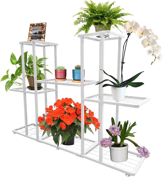 3 Tier 8 Potted White Metal Large Plant Stand Indoor Outdoor Flower Pot Display - Image 2