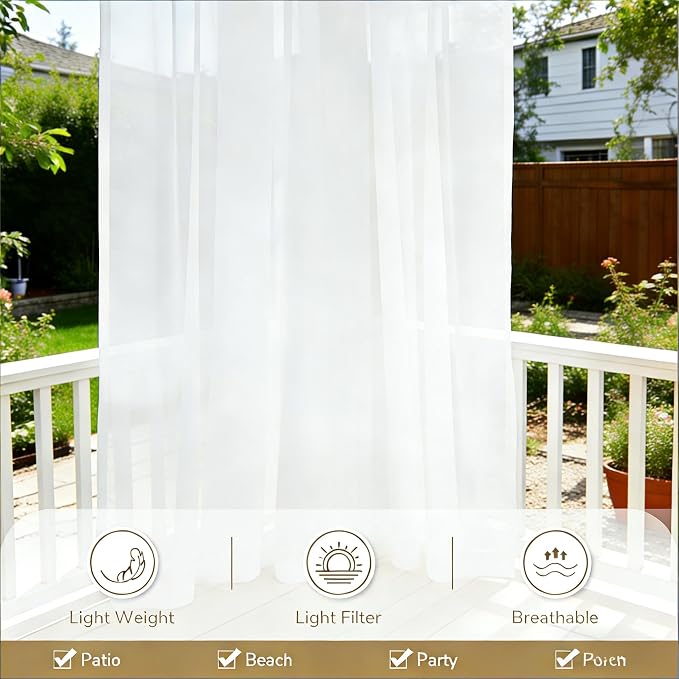 Outdoor Sheer Curtains for Patio Waterproof, 2 Panels Rod Pocket Indoor/Outdoor - Image 5