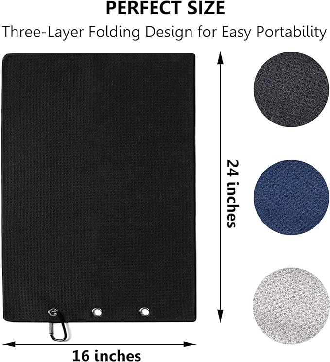 3 Pack Large Golf Towels, 16" x 24" Tri-Fold Portable Microfiber Fabric Waffle Pattern Golf Towel for Golf Bag with Carabiner Clip to Quickly Remove Sand, Mud, Dirt and Sweat