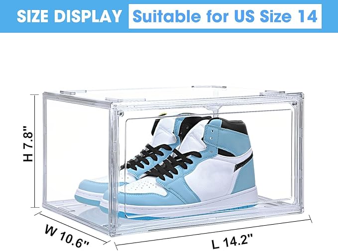HIYOHIYO 2-Pack Acrylic Clear Stackable Shoe Boxes - 360 Clear Acrylic Display Shoes Boxes - Fully Transparent Display Box with Magnetic Door - Size 14