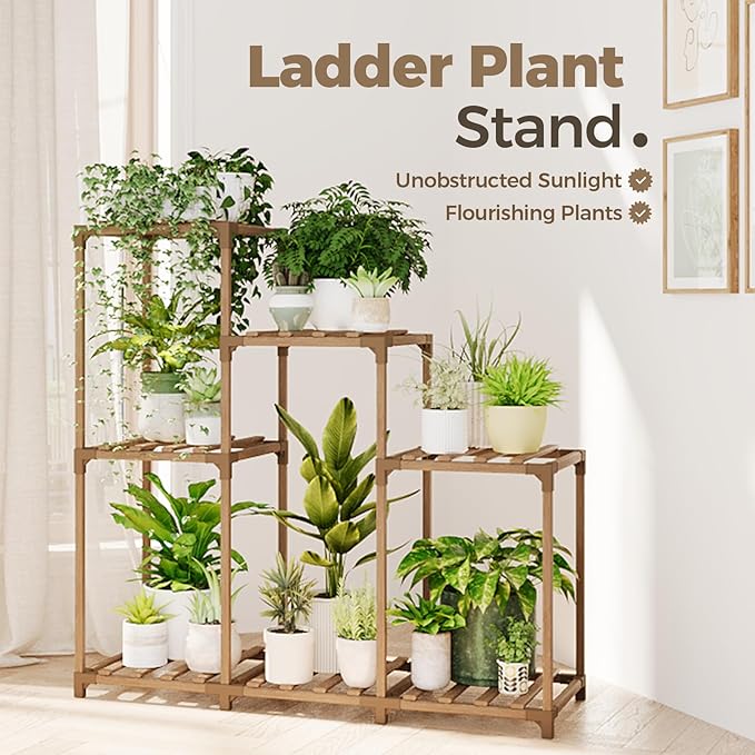 Bamworld Plant Stand Indoor Wood Plant Shelf Outdoor Tiered Plant Rack | - Image 2